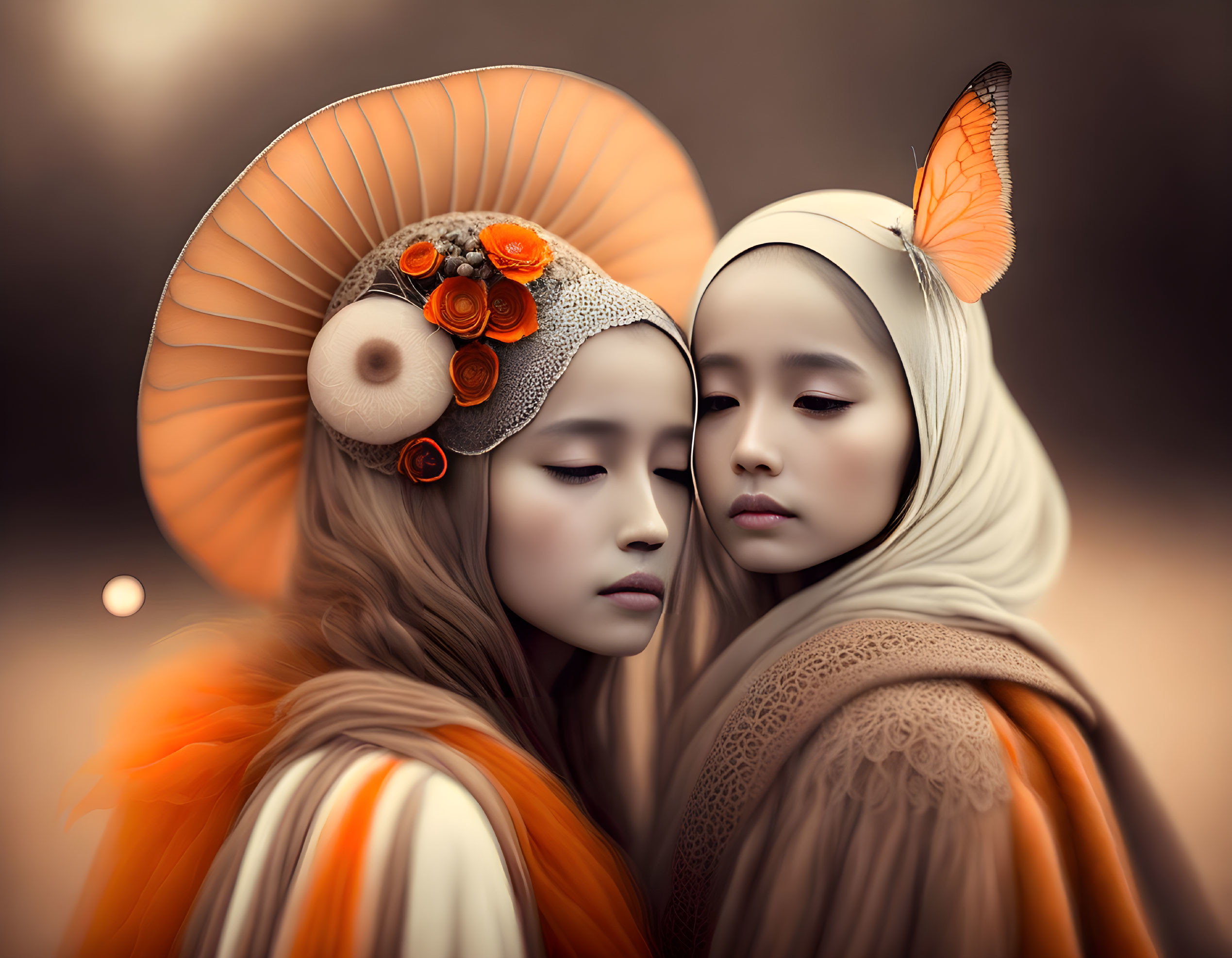 Two girls with butterfly on head, one in orange flower hat, warm-hued clothing