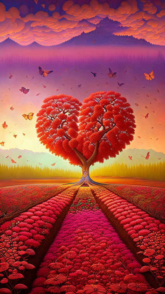 Colorful Heart-Shaped Tree in Flower Field with Mountains and Butterflies