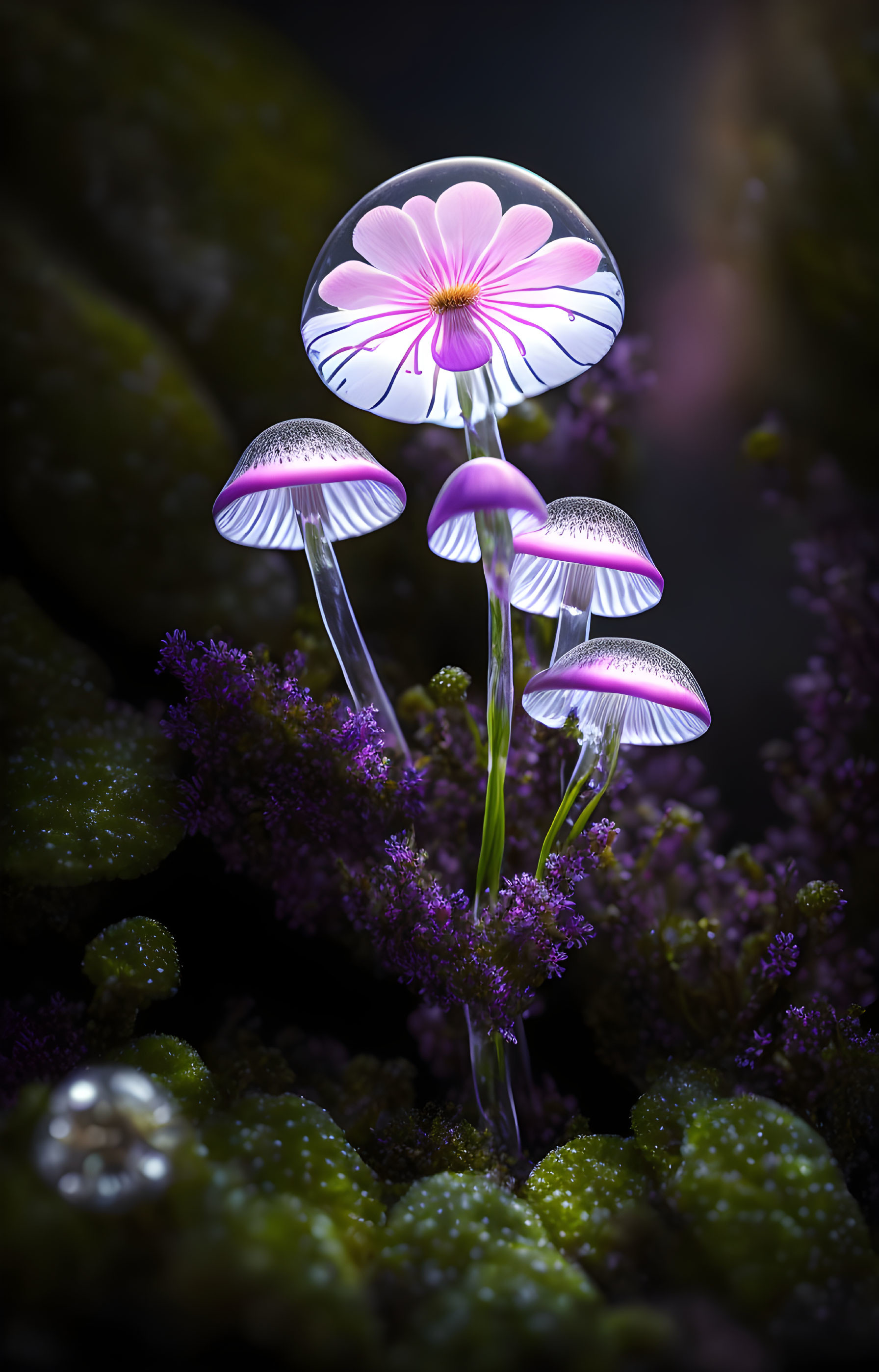 Transparent pink mushrooms in purple flower garden under dim light