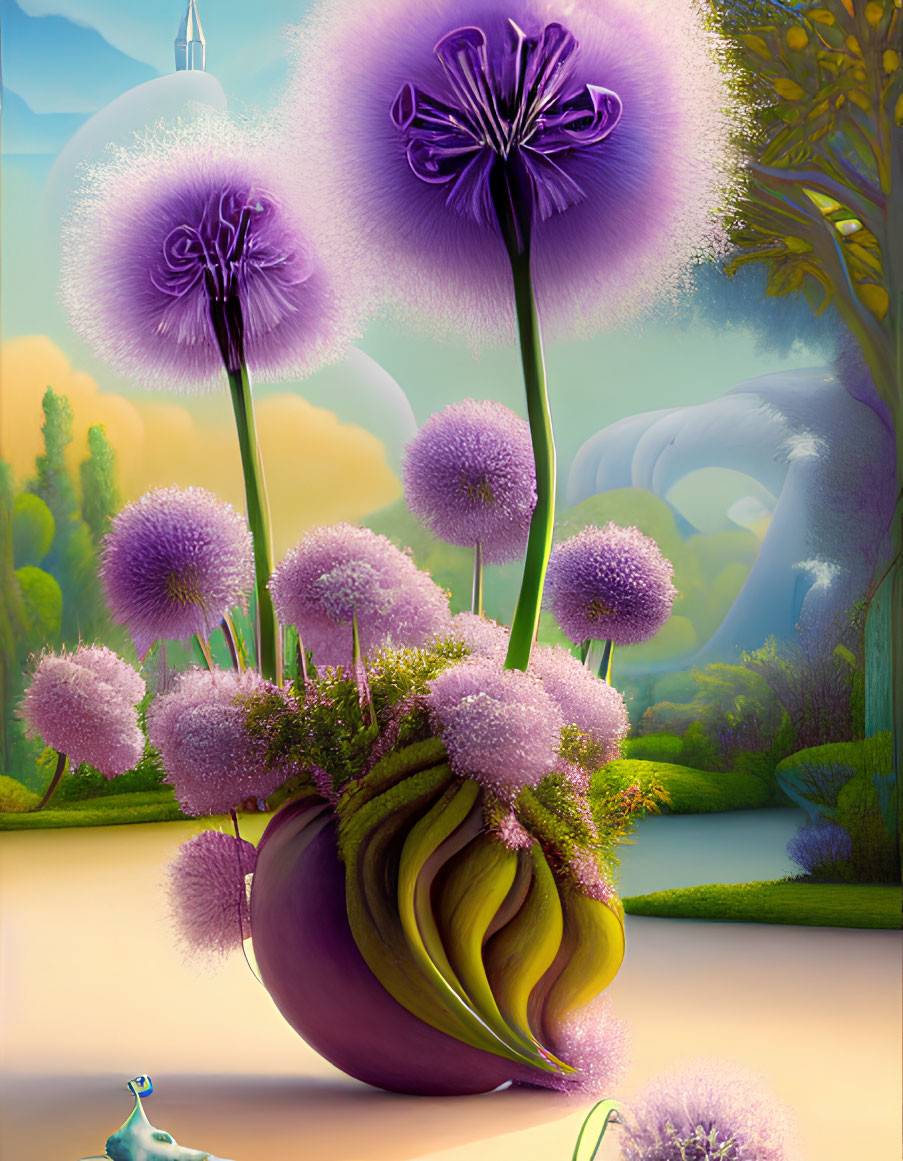 Colorful surreal illustration: vibrant purple flowers, bulbous structure, whimsical landscape with dreamlike trees