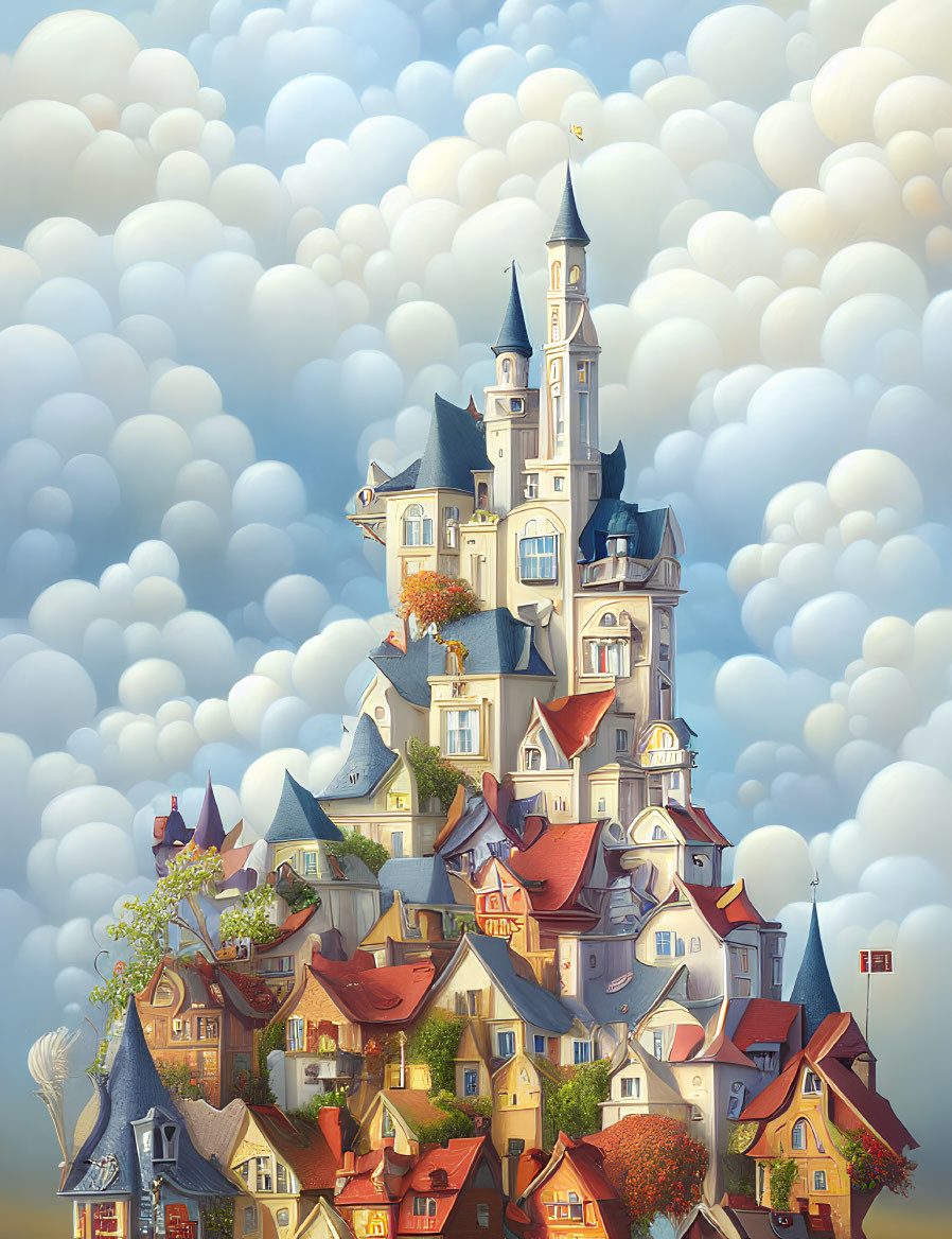 Whimsical fairytale castle on fluffy clouds under blue sky