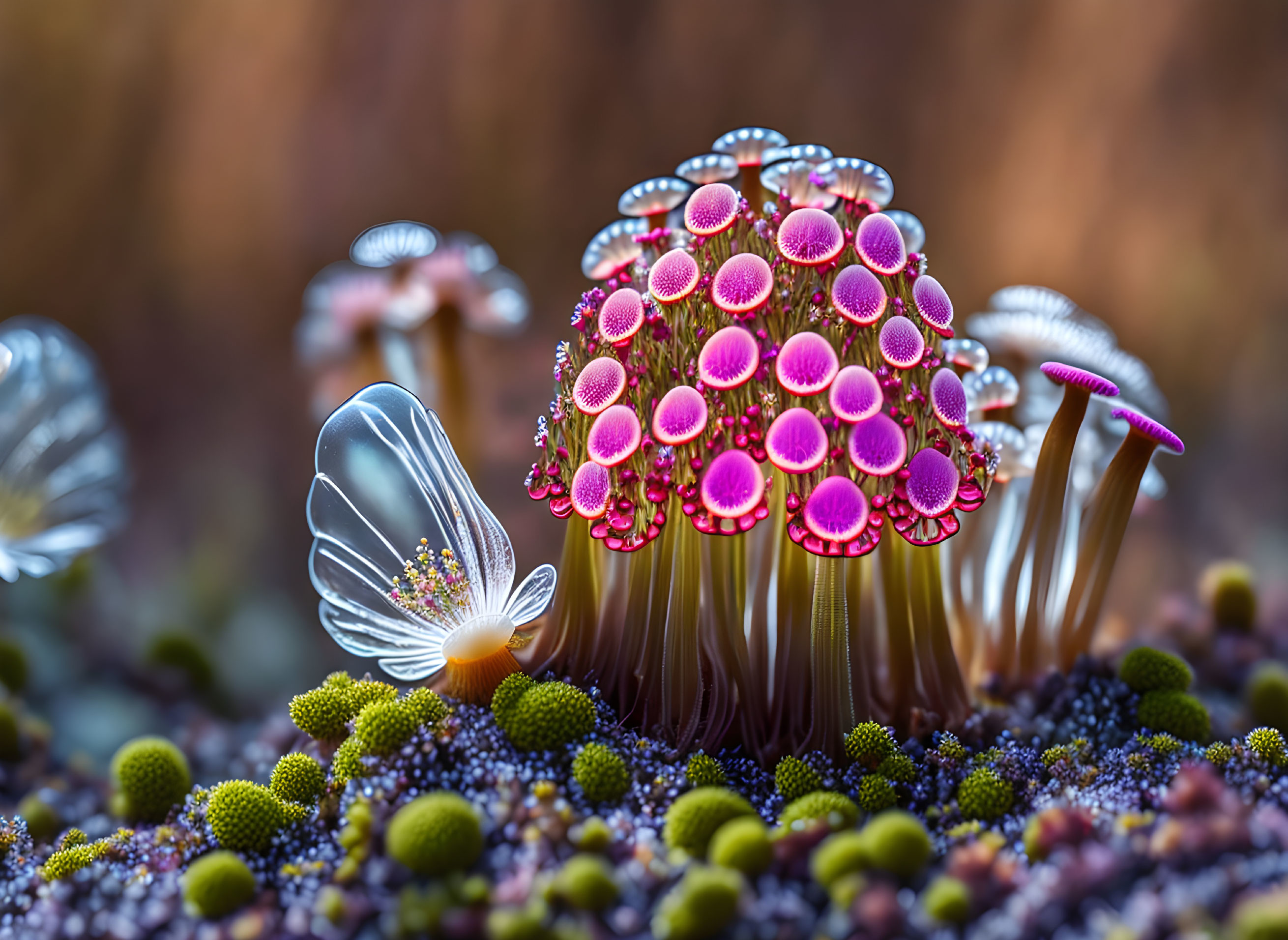 Luminescent pink and white mushrooms on dark moss with delicate petals