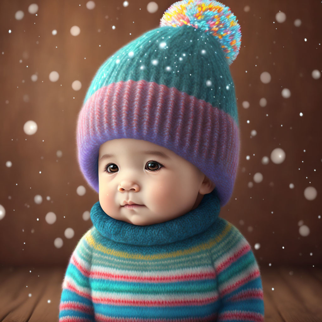 Curious Baby in Colorful Striped Sweater and Winter Hat