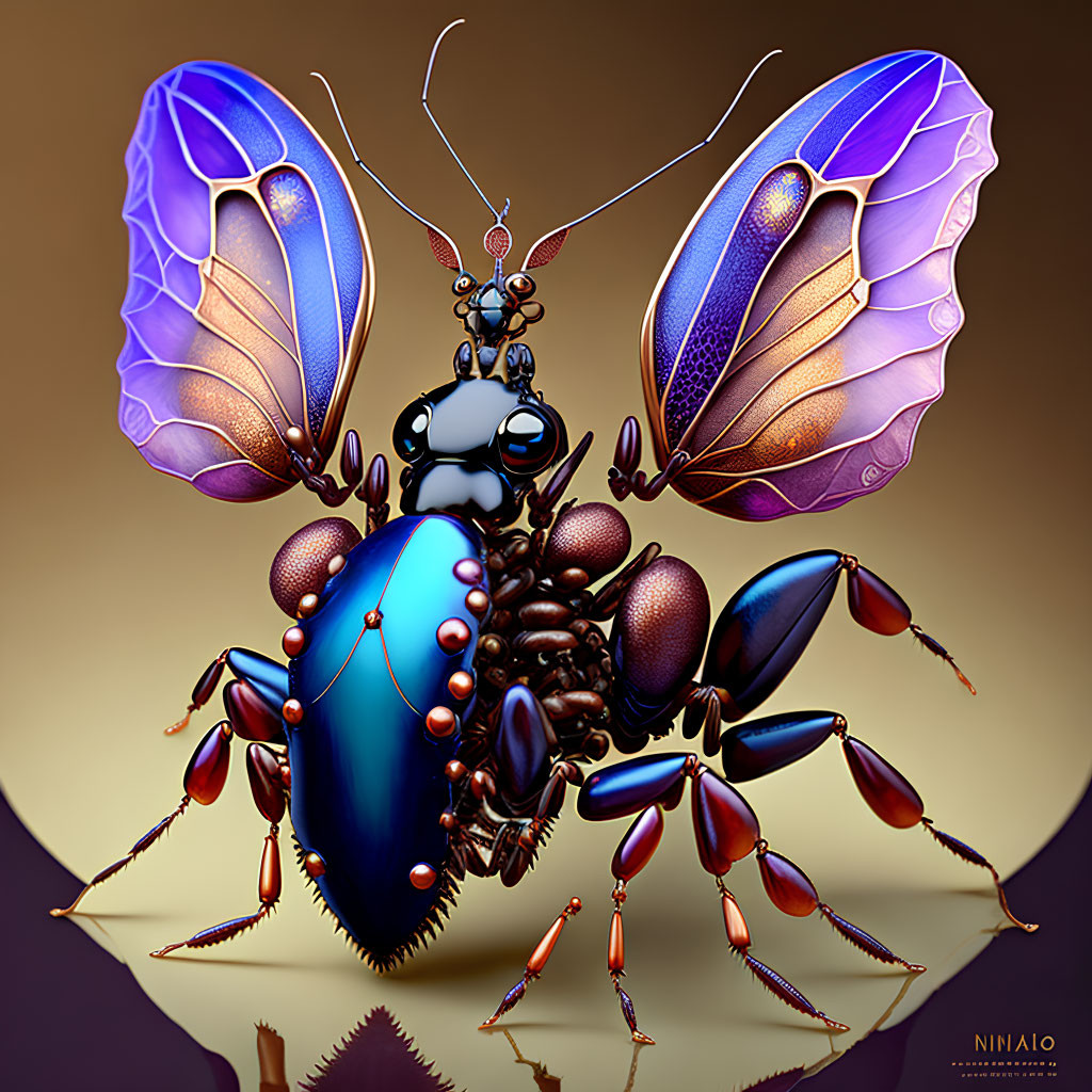 Mechanical insect with iridescent wings and limbs on warm background