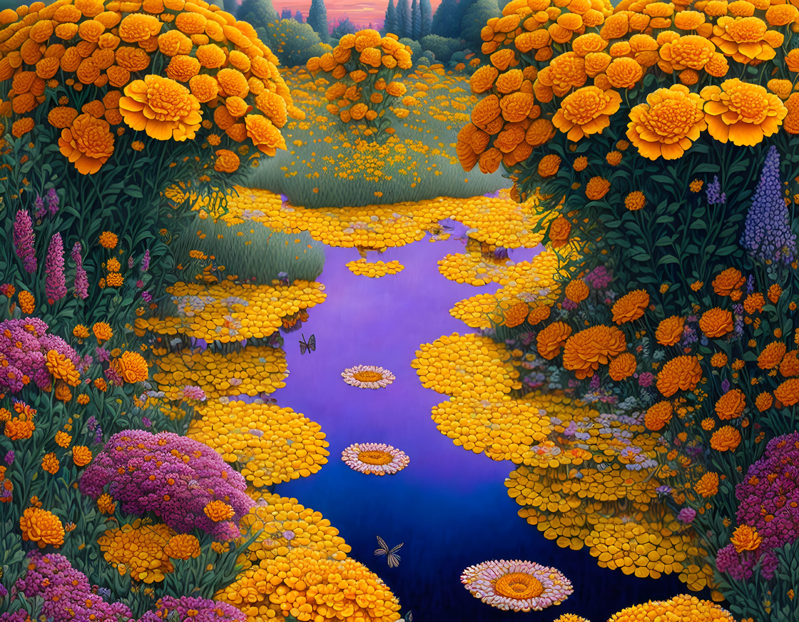 Colorful garden illustration with yellow, orange flowers, purple accents, blue pond, and flying insects.