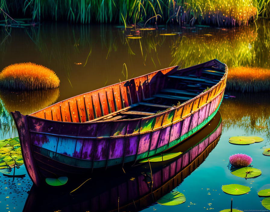 Wooden boat on calm waters with lily pads and tall reeds under warm light