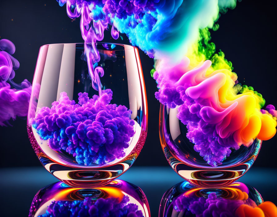 Vibrant colorful smoke in glasses on black background