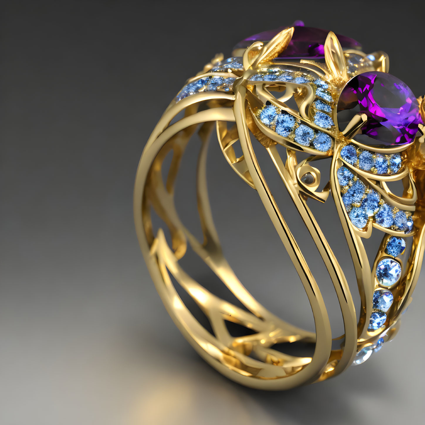 Gold Ring with Purple Gemstone & Diamond Accents on Grey Background