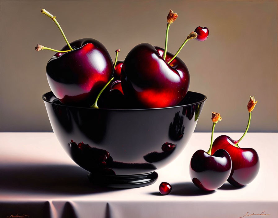 Hyper-realistic painting of red cherries in black bowl on table