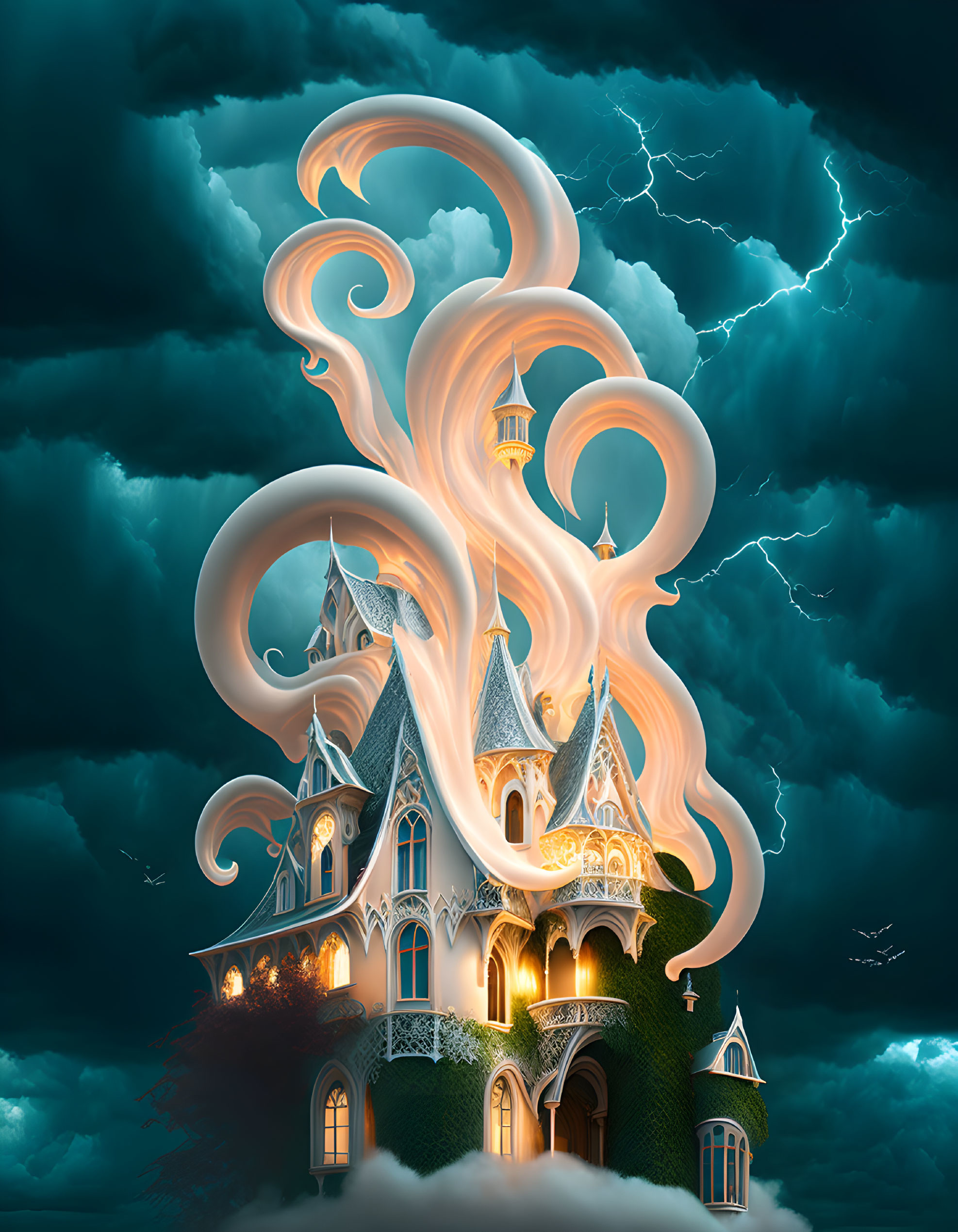 Fantastical castle on cloud with swirling tendrils in stormy sky