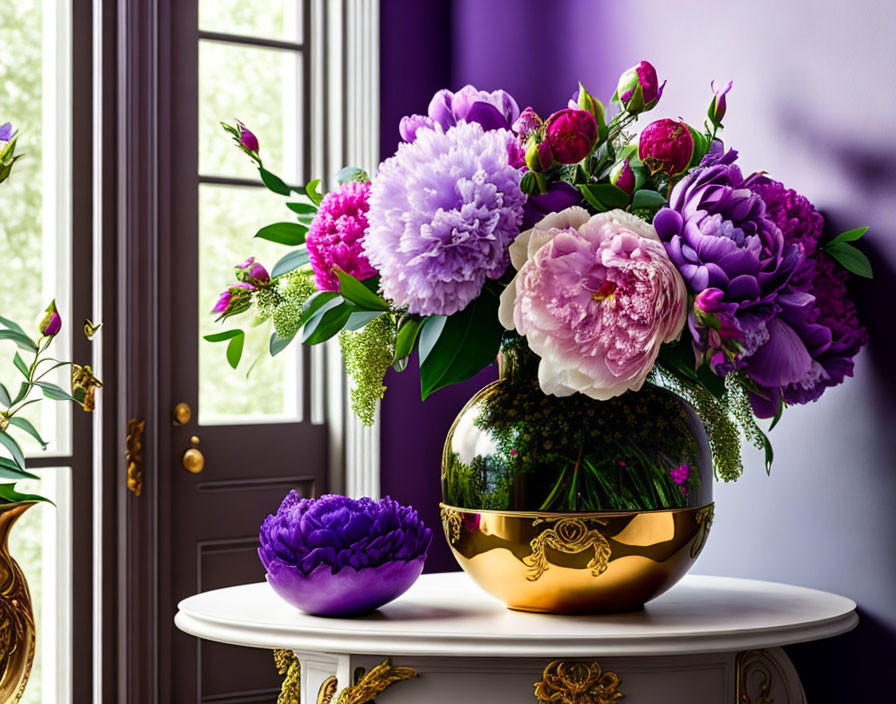 Pink and Purple Peonies in Golden Vase on White Table Beside Open Window