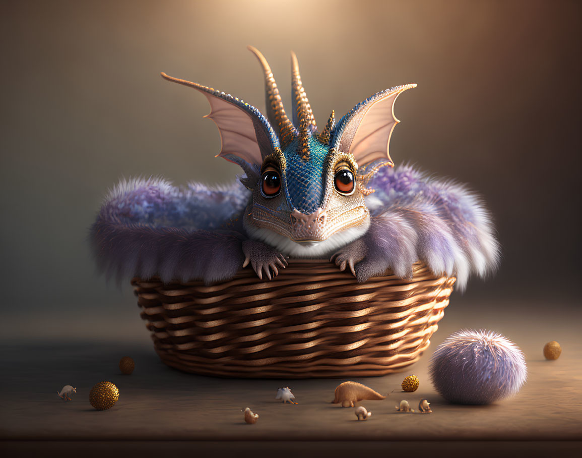 Whimsical lizard-dragon creature in wicker basket with purple pillows