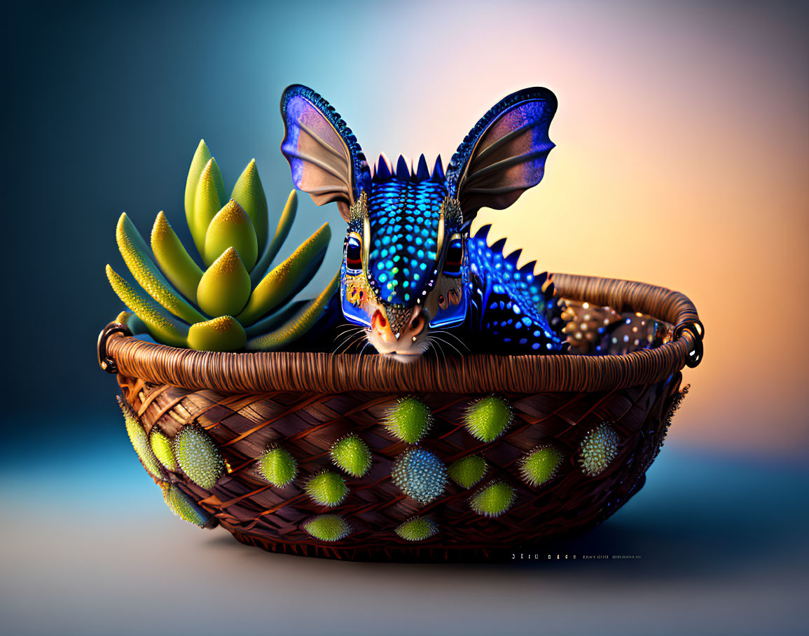 Colorful whimsical creature in wicker basket next to green succulent plant