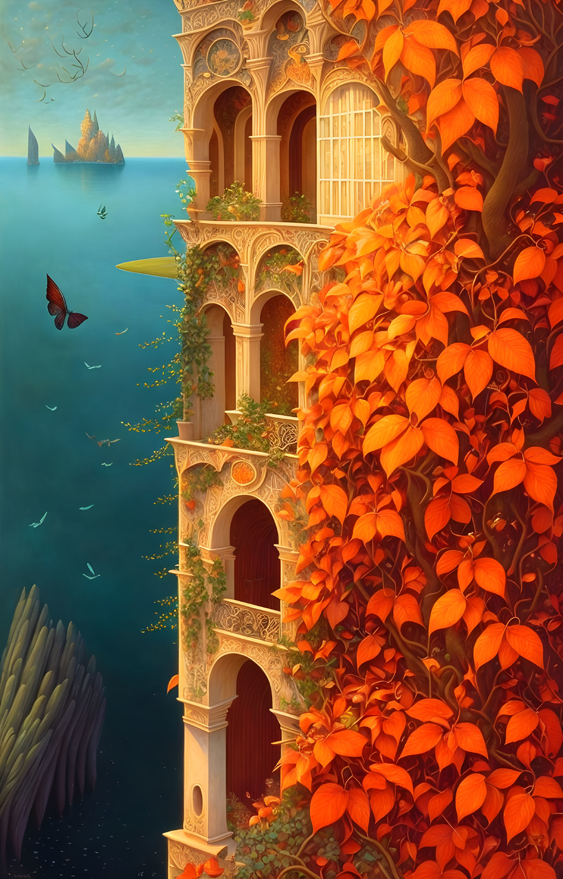 Ornate multi-story building entwined with vibrant orange foliage above serene underwater world.