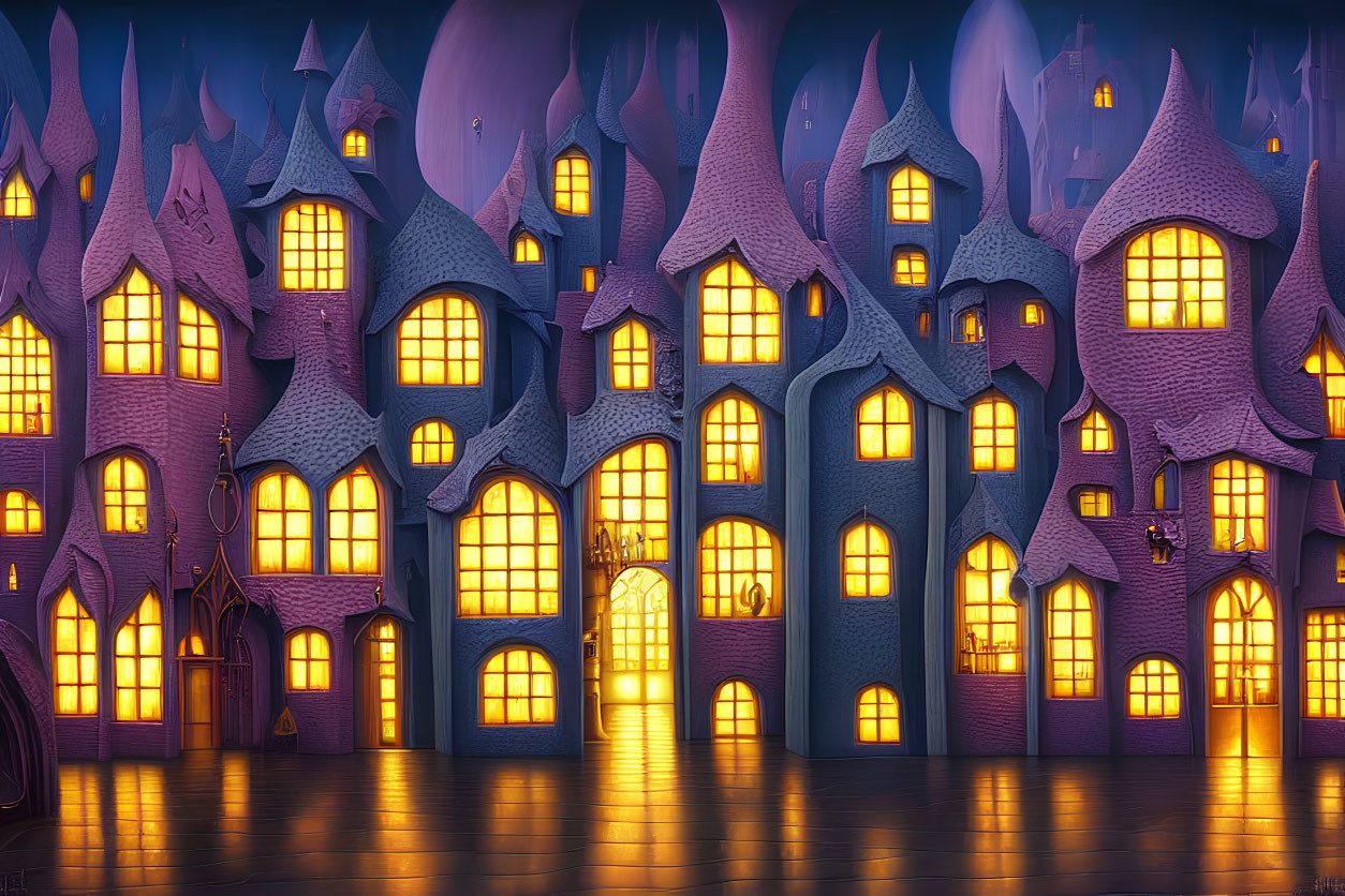 Stylized village with glowing windows and pointed roofs under purple sky