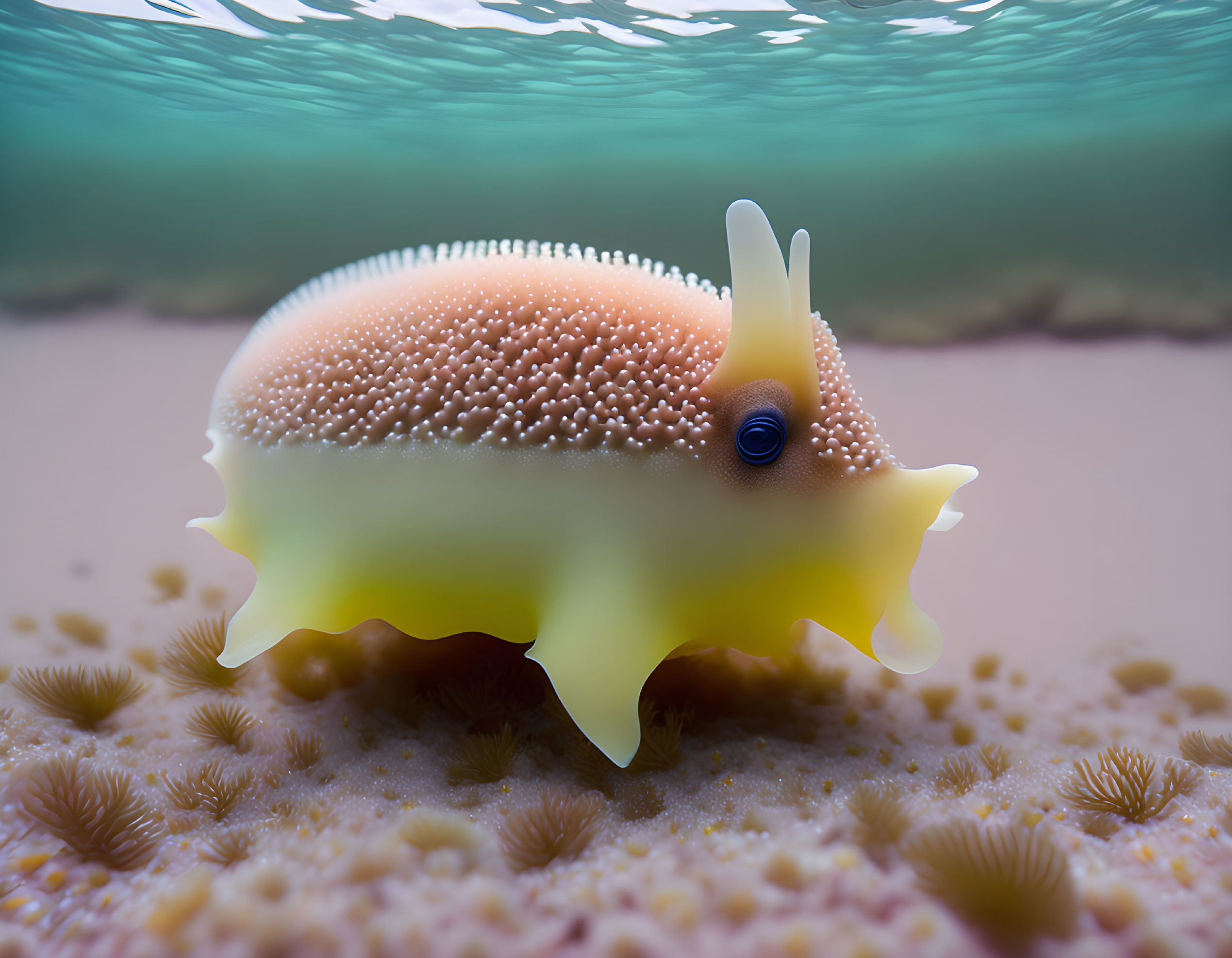 Vibrant nudibranch among sea anemones on ocean floor