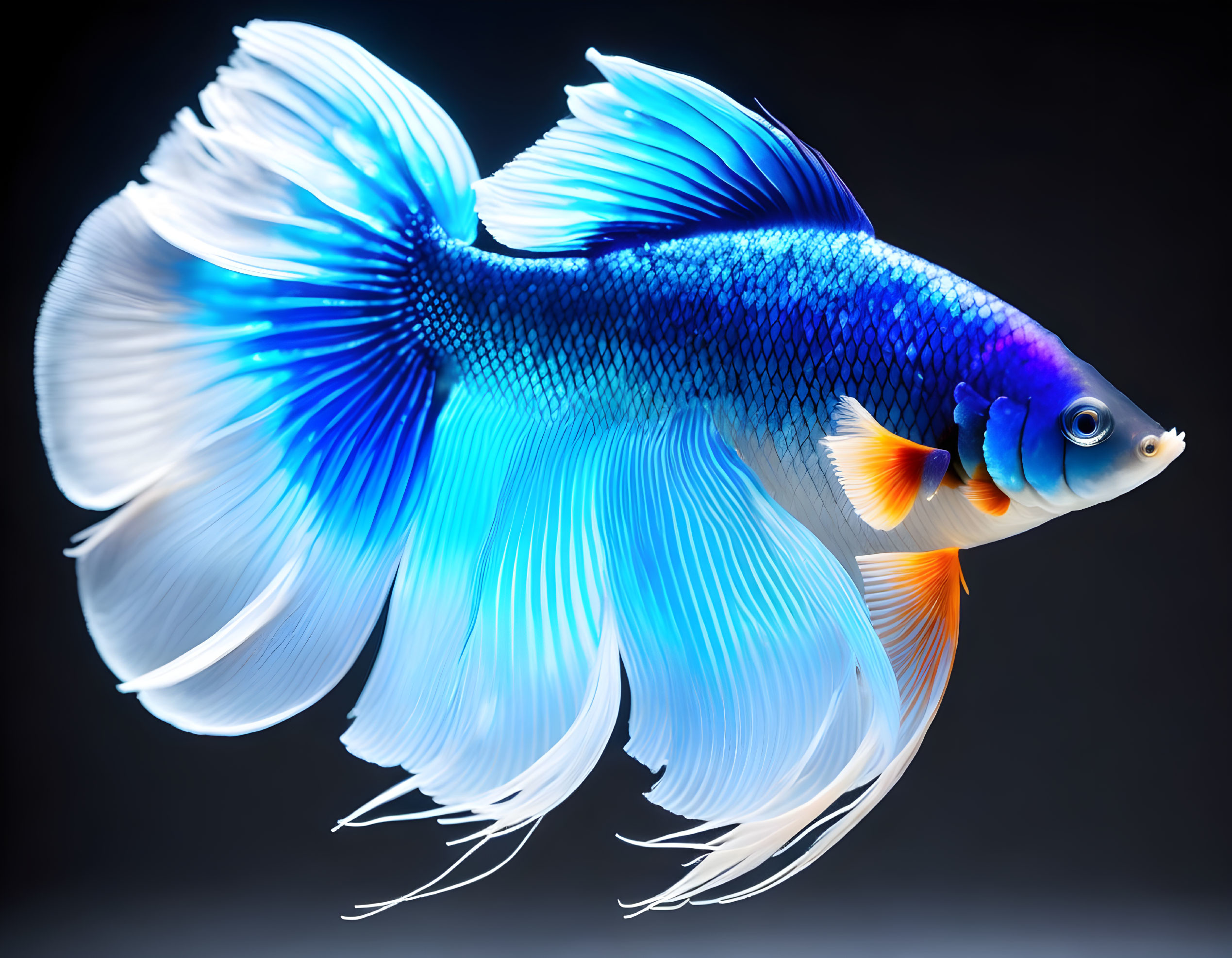 Colorful Betta Fish with Blue Body, Light Blue Fins, and Orange Accents