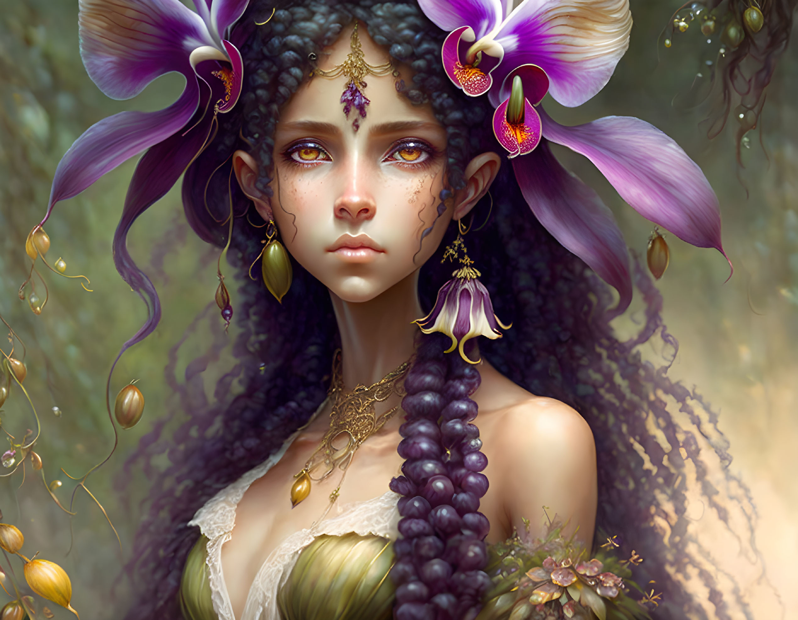 Fantasy illustration: Woman with purple orchid flowers, golden jewelry, intense gaze in lush background