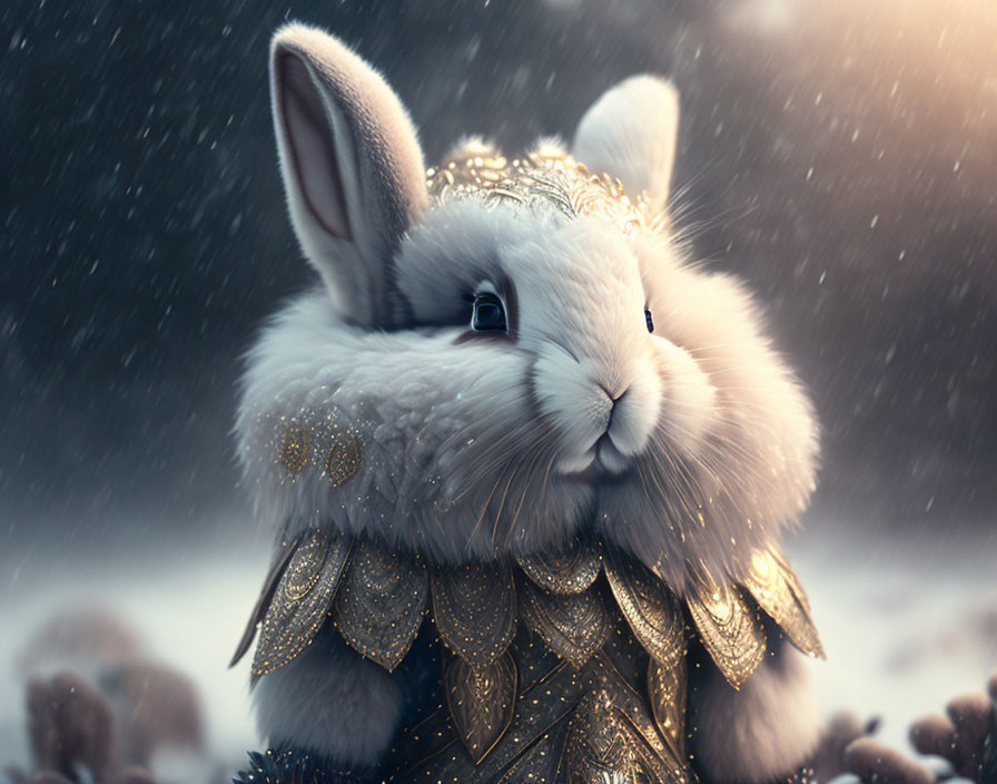 White Rabbit with Golden Collar in Snowfall