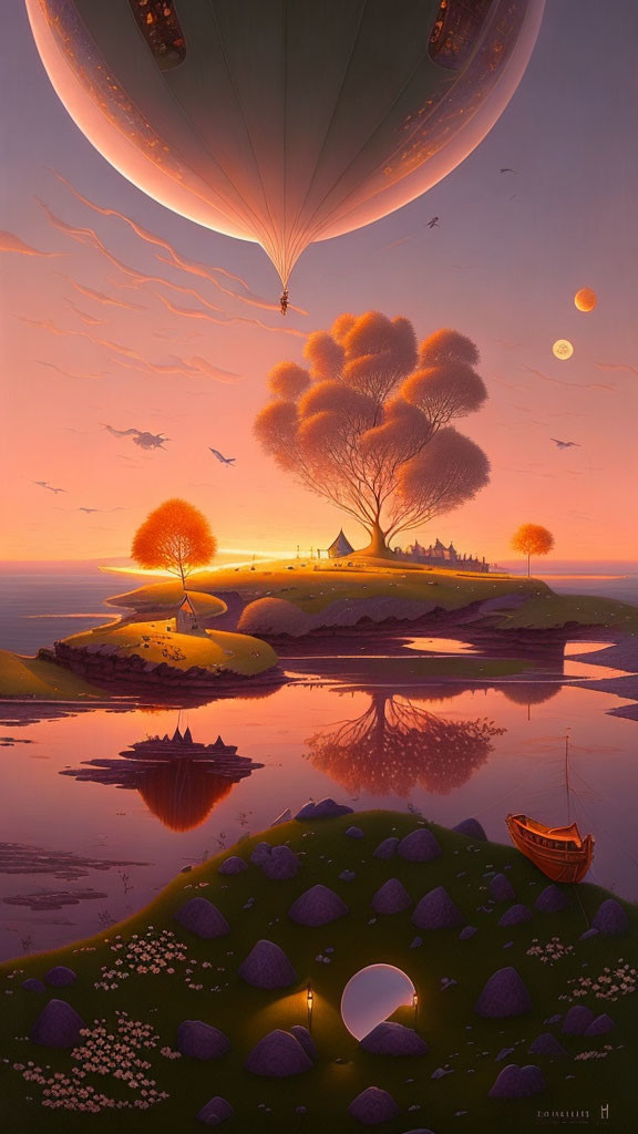 Scenic sunset landscape with hot air balloon over river, tents, and planets in sky