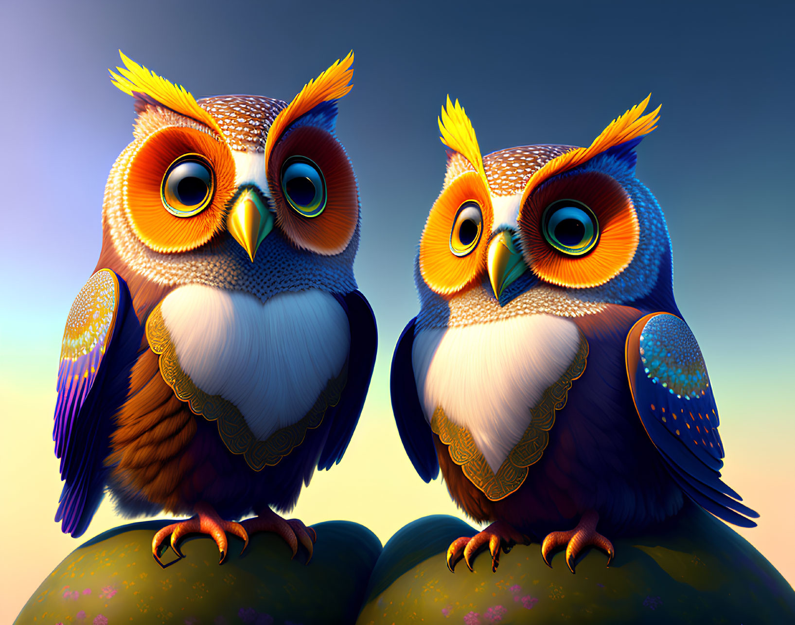 Colorful Stylized Owls Perched on Rocks at Twilight