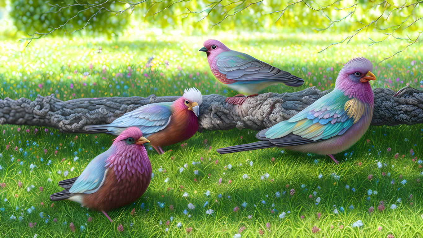 Vivid Cartoon Birds on Branch with Colorful Plumage