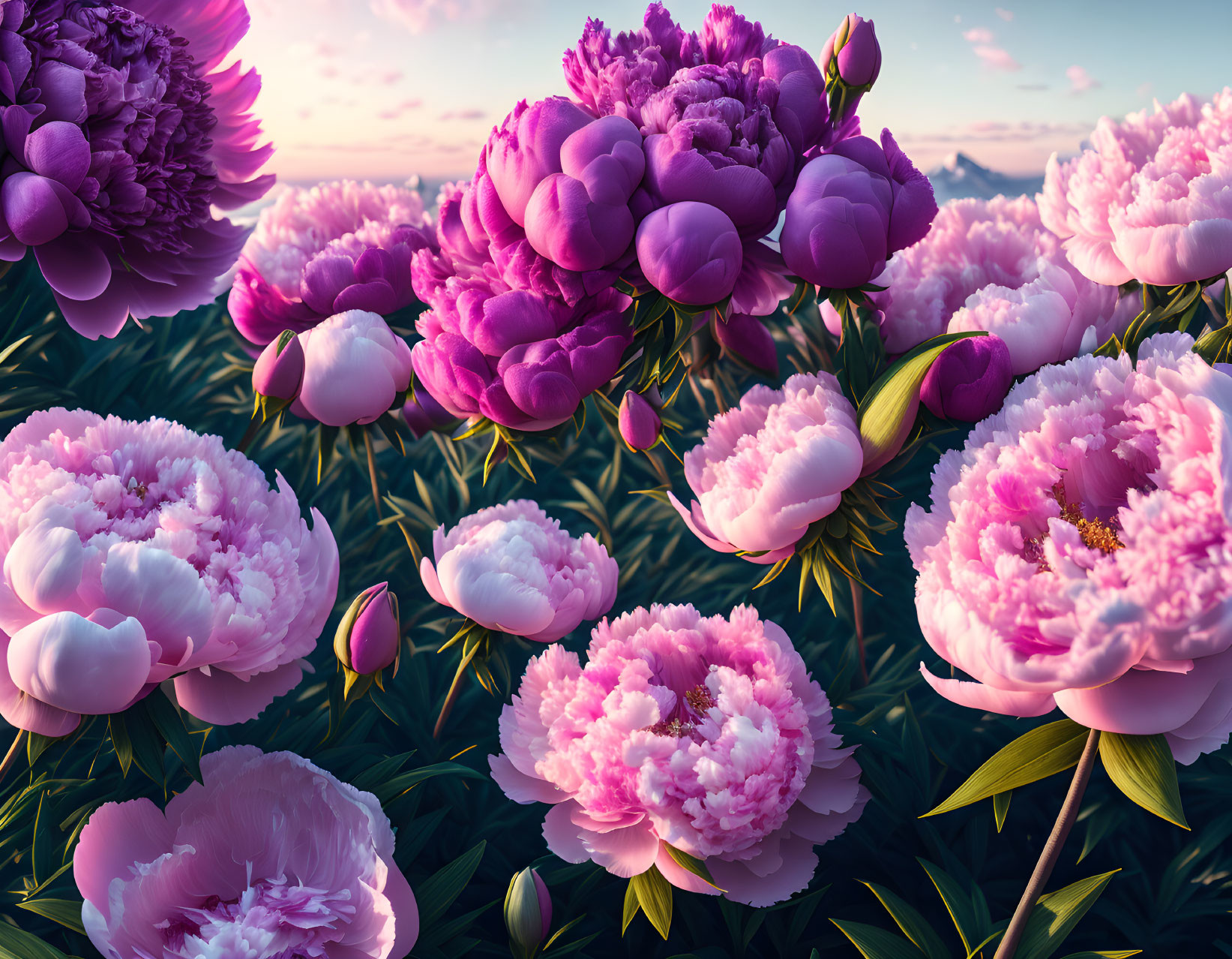 Vibrant peonies in full bloom against serene sky at golden hour