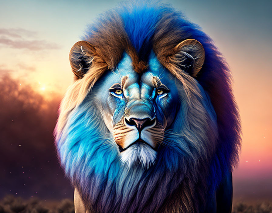 Vibrant blue-maned lion in twilight sky with stars and setting sun glow