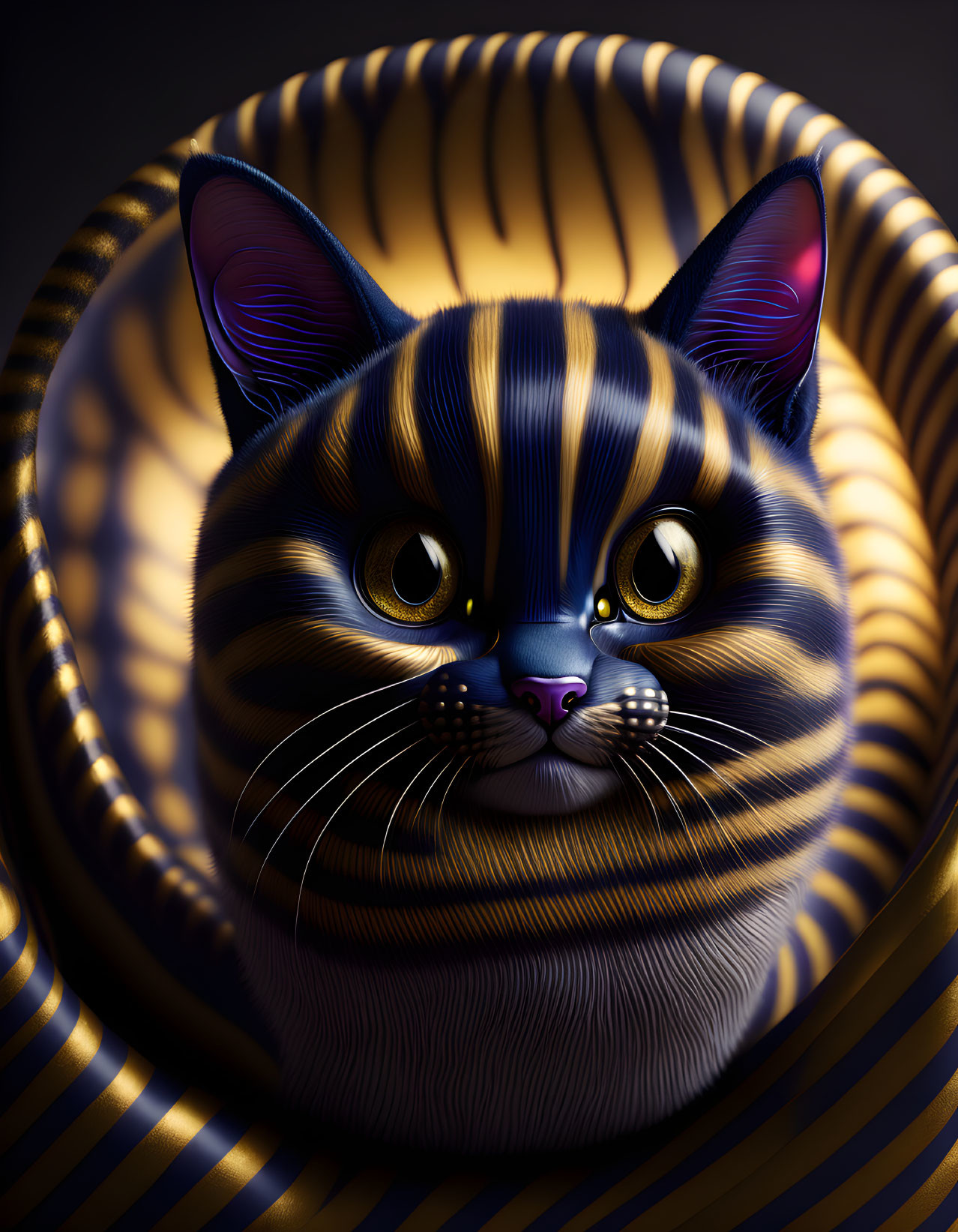 Digitally-created cat with blue and yellow stripes and golden eyes