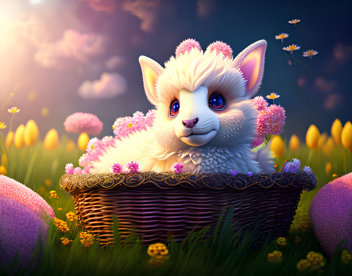 Fluffy feline creature in wicker basket among vibrant flowers