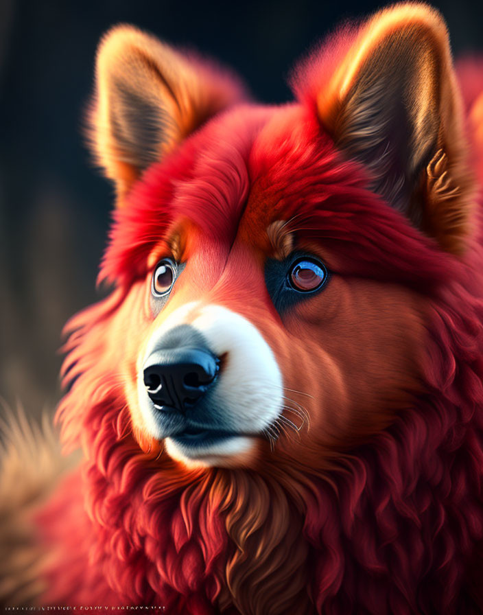 Red and Orange Furry Dog with Blue Eyes and Dramatic Lighting