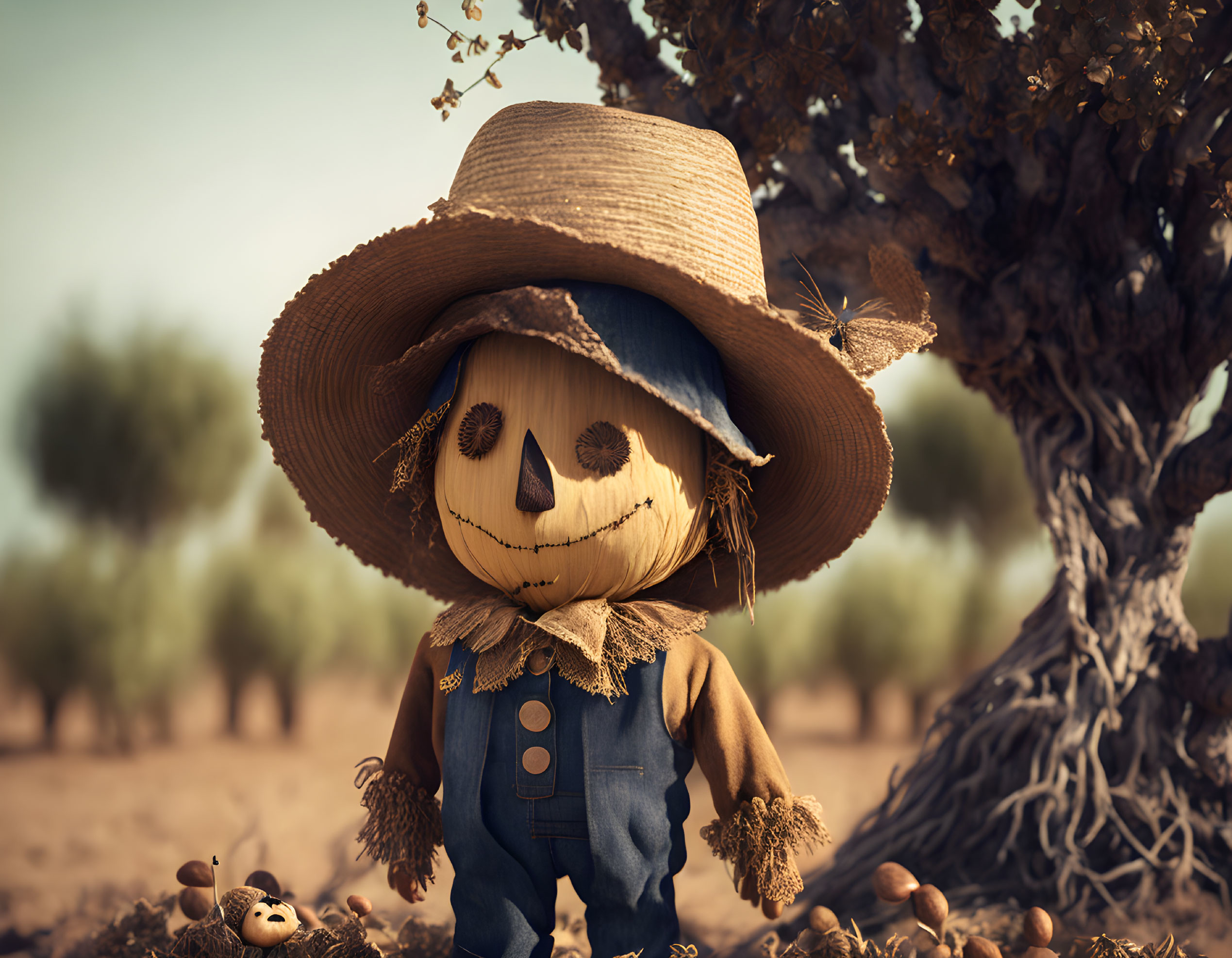 Whimsical scarecrow with pumpkin head in tranquil field