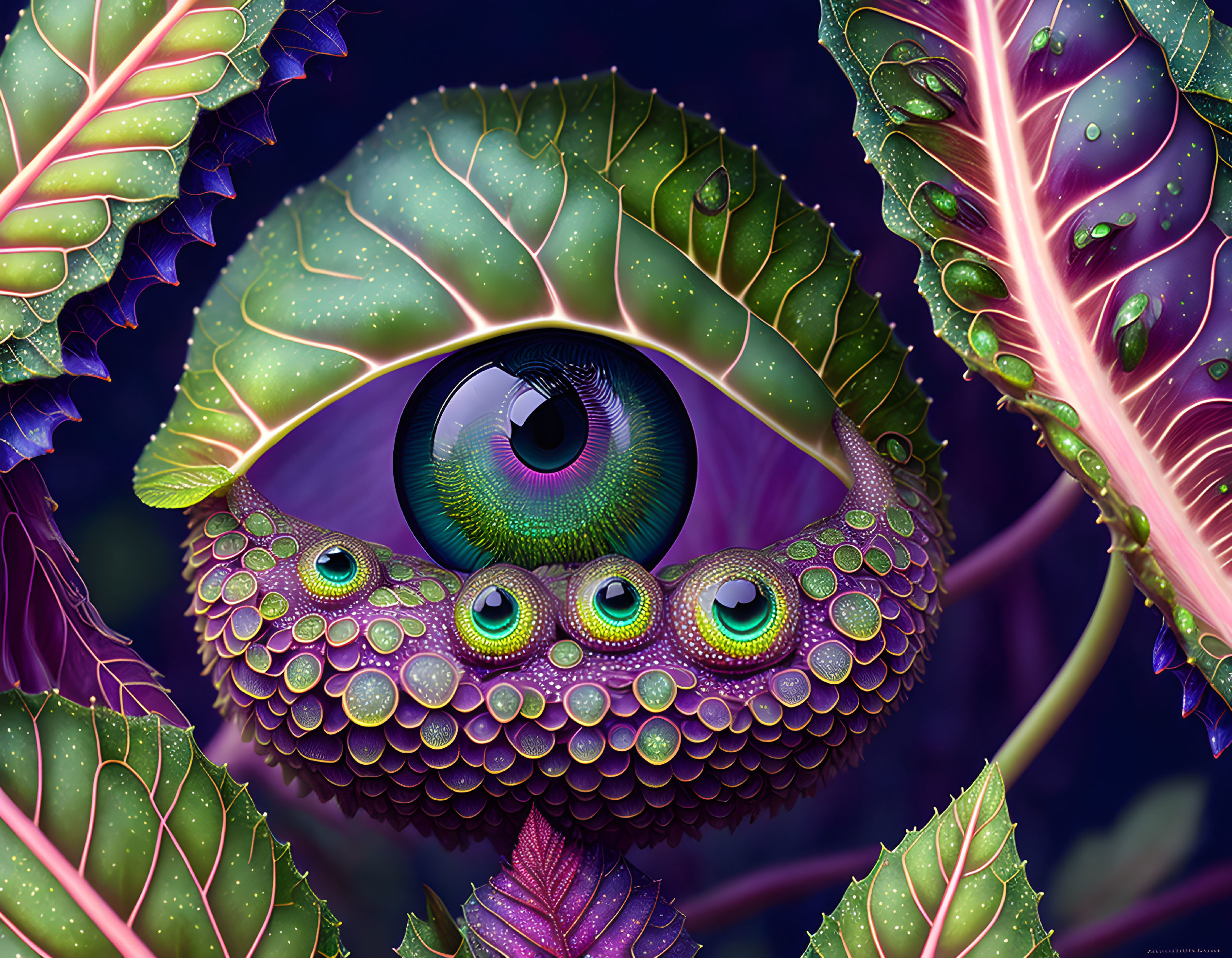 Colorful chameleon blending with green leaves, intricate eye with peacock feather patterns