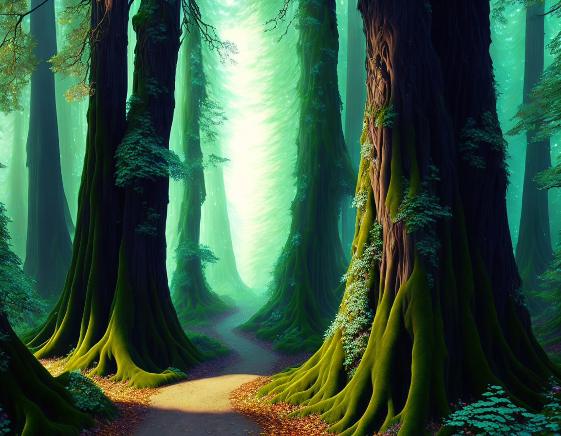 Enchanting Green Forest with Towering Trees and Ethereal Light