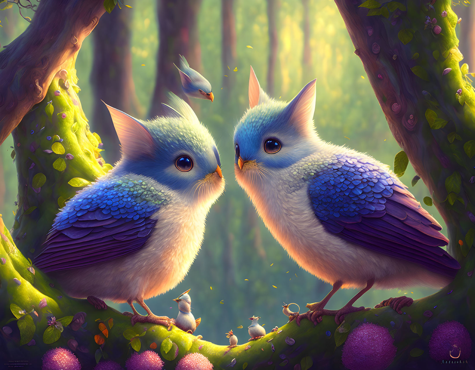 Stylized birds with oversized heads in vibrant forest