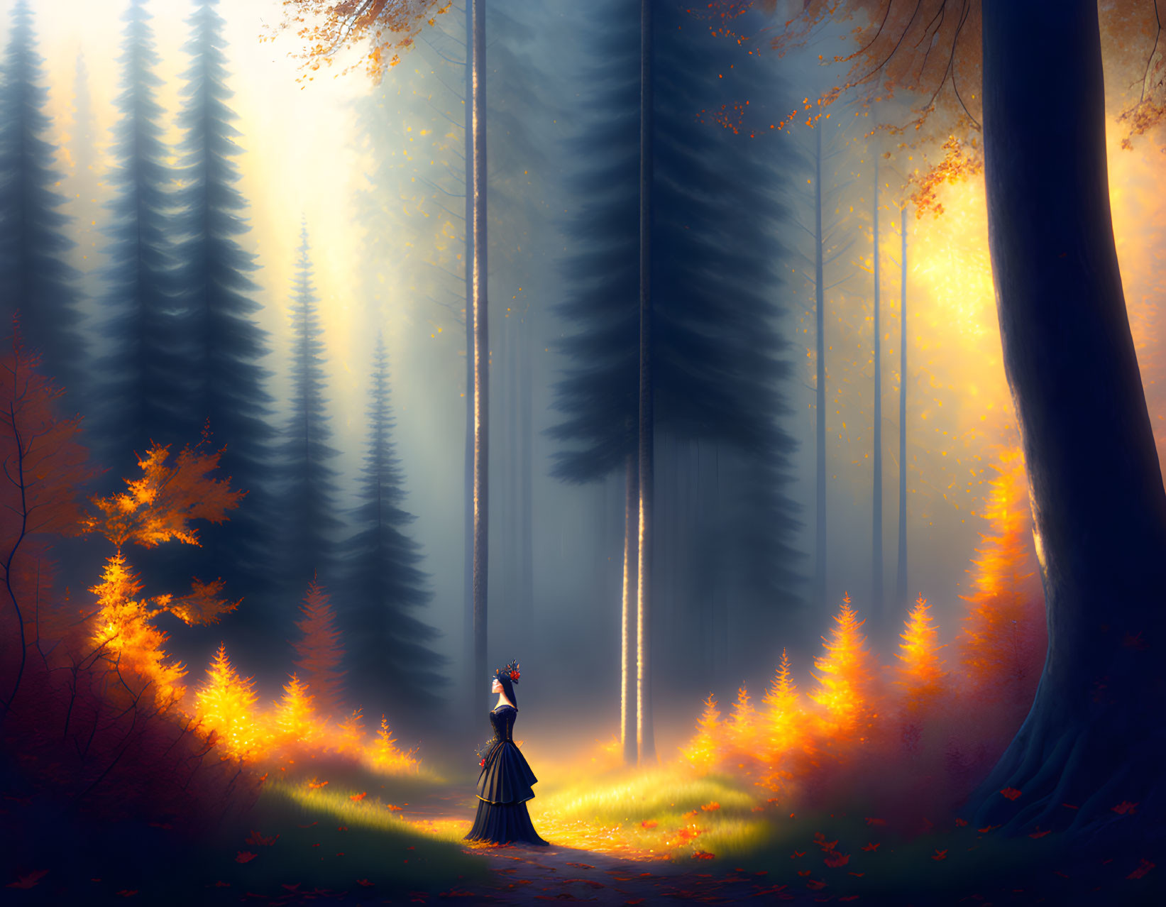 Person in Long Dress Stands in Mystical Forest Clearing