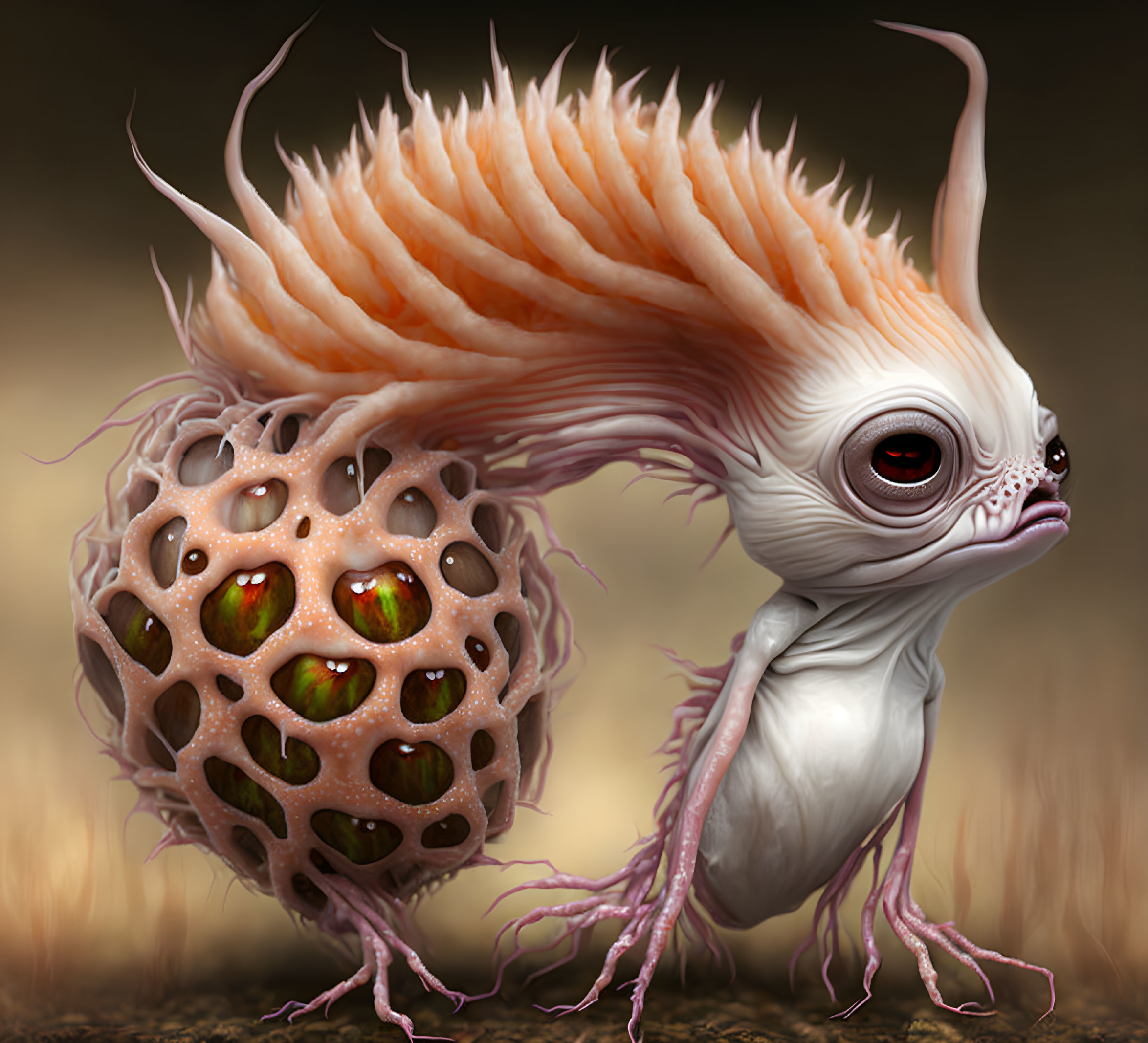 Mystical creature with large eye, frill, and tendrils holding patterned sphere