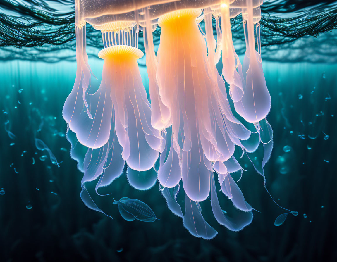 Glowing jellyfish with long tentacles in deep blue ocean scene