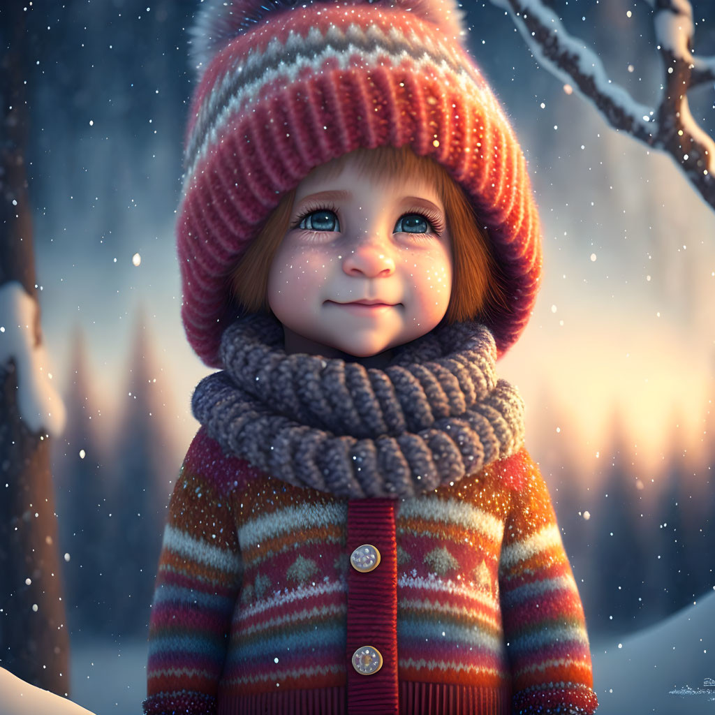 Smiling child in colorful winter attire under falling snowflakes