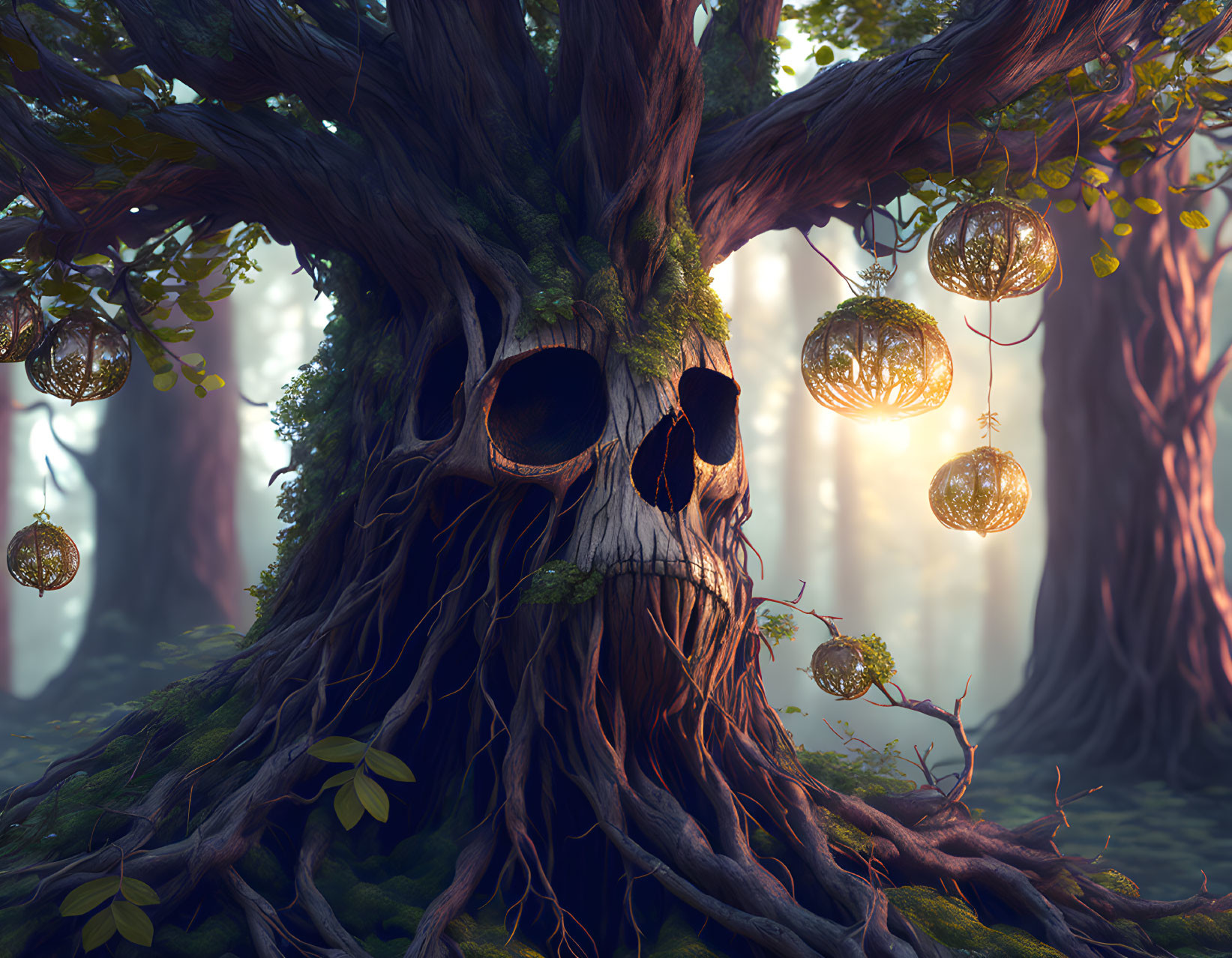 Mystical tree with face-like trunk in enchanted forest scene