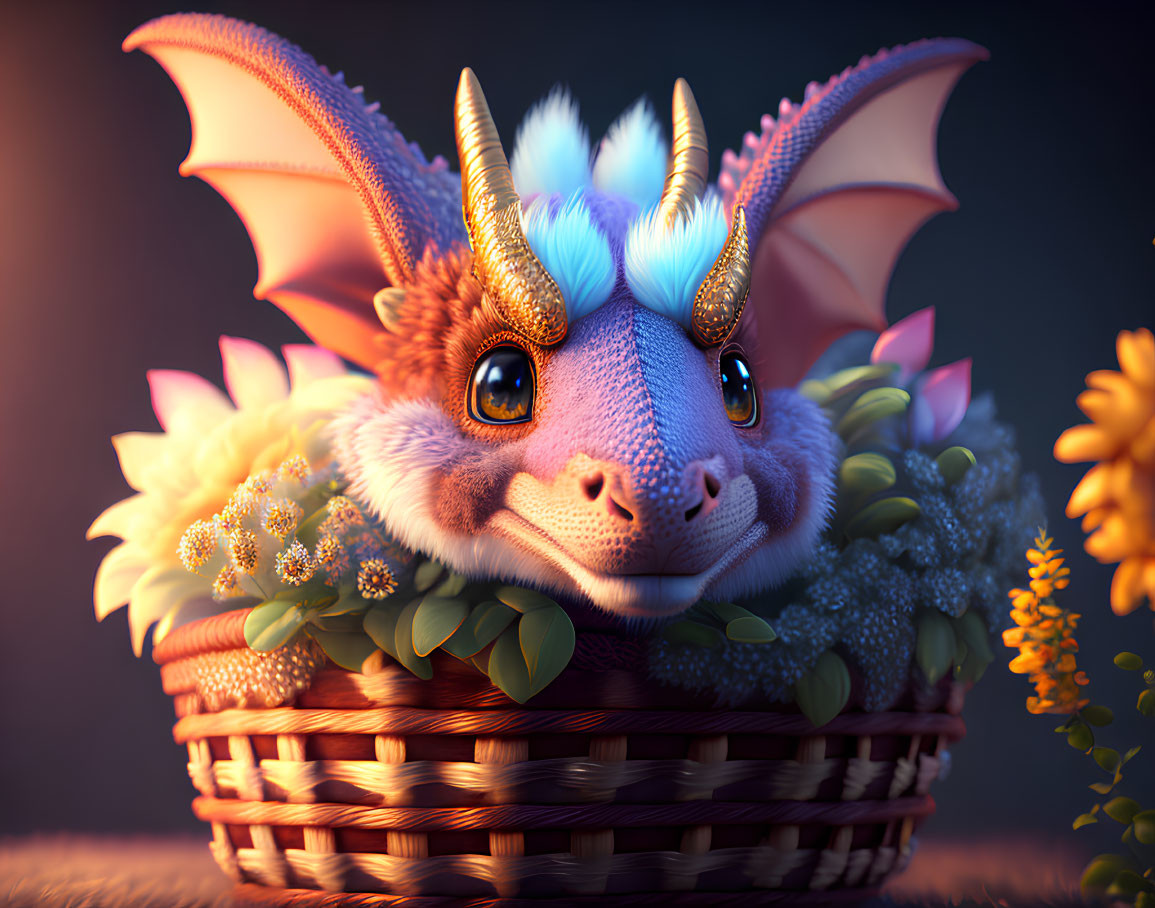 Fantasy creature with dragon-like wings and horns in woven basket surrounded by flowers