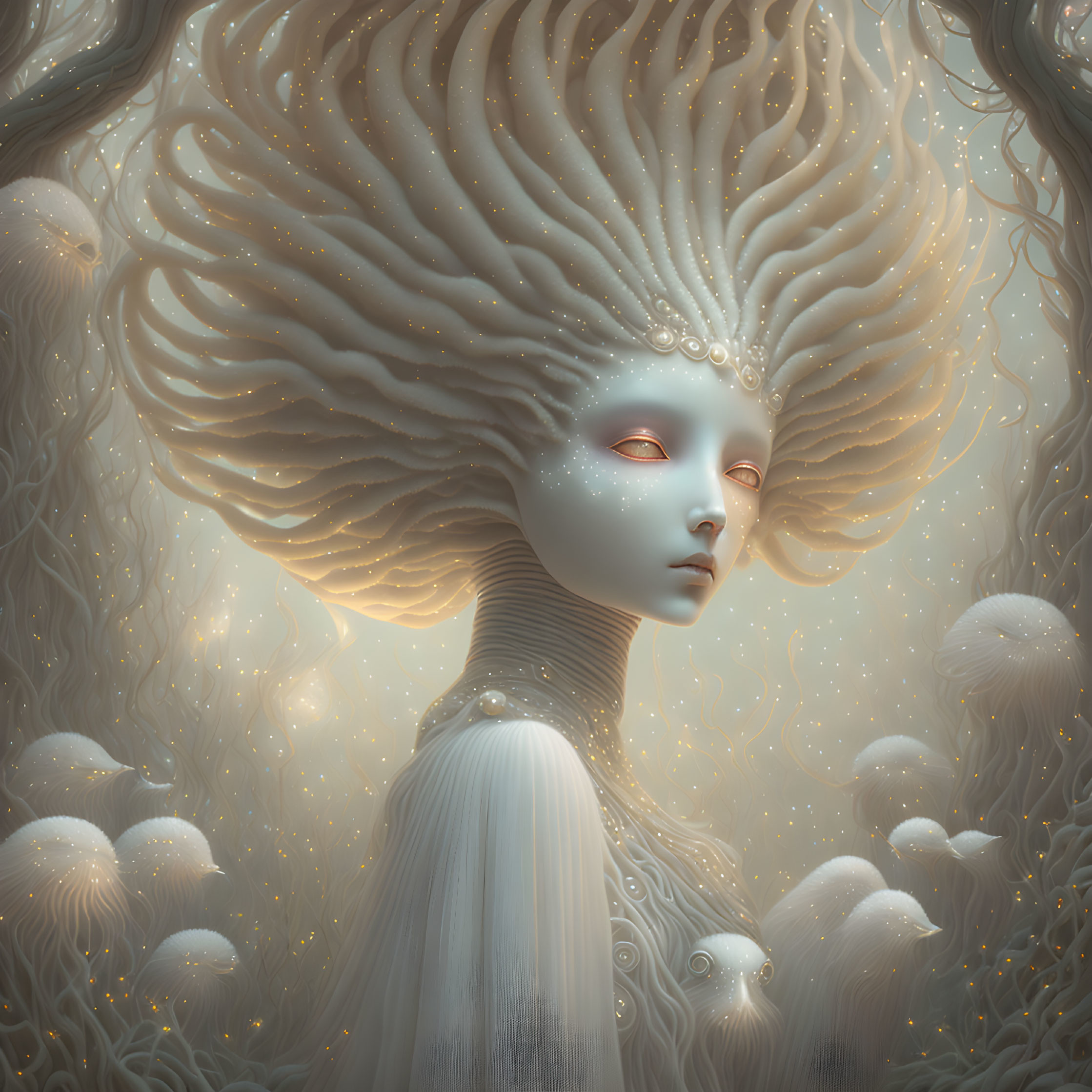 Ethereal figure with tree-like hair in mystical forest.