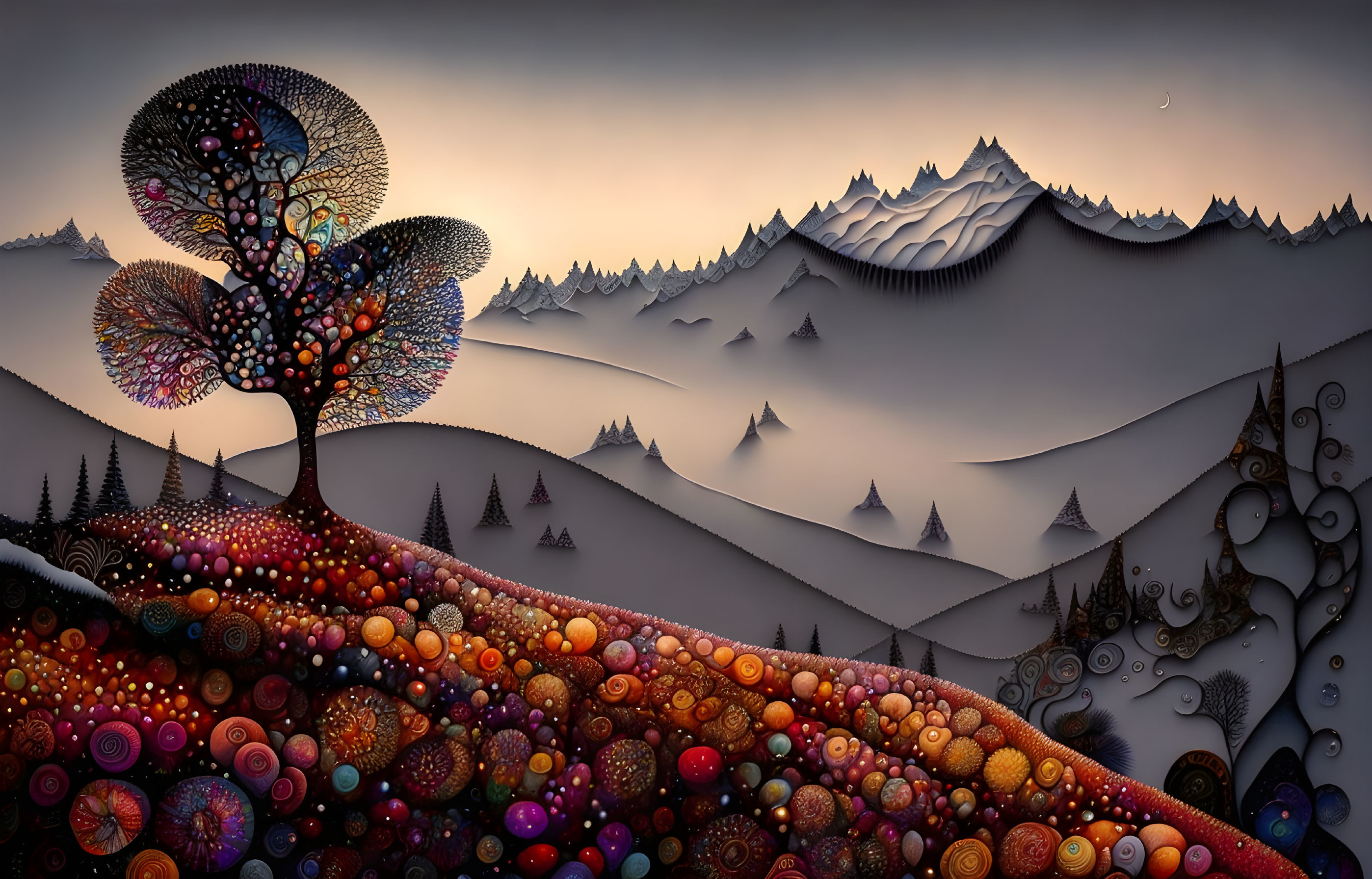 Colorful Stylized Tree on Hill with Mountains and Crescent Moon