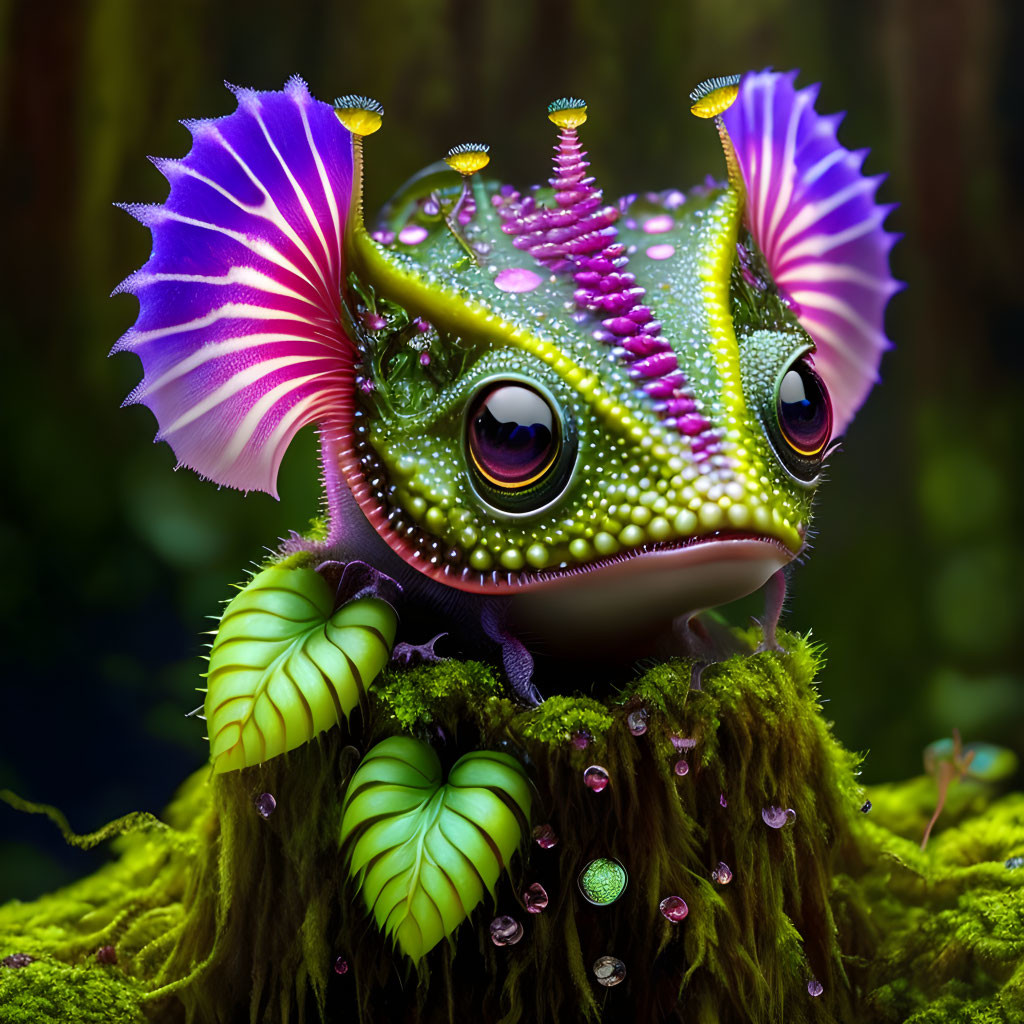 Vibrant frog-like creature with pink and purple frills on mossy foliage