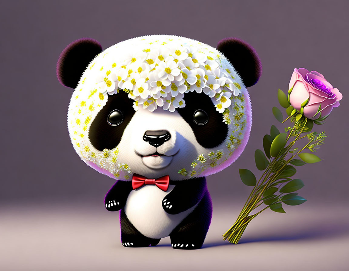 Illustrated panda with white flower wreath, purple rose, and red bow tie