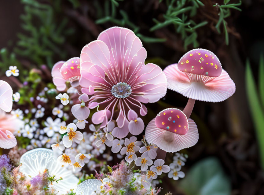 Colorful Stylized Mushrooms and Flowers in Fantasy Theme