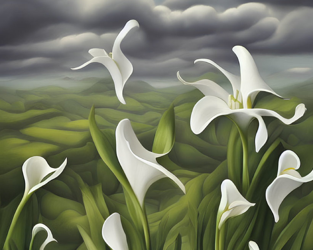 White Calla Lilies Blooming in Serene Landscape