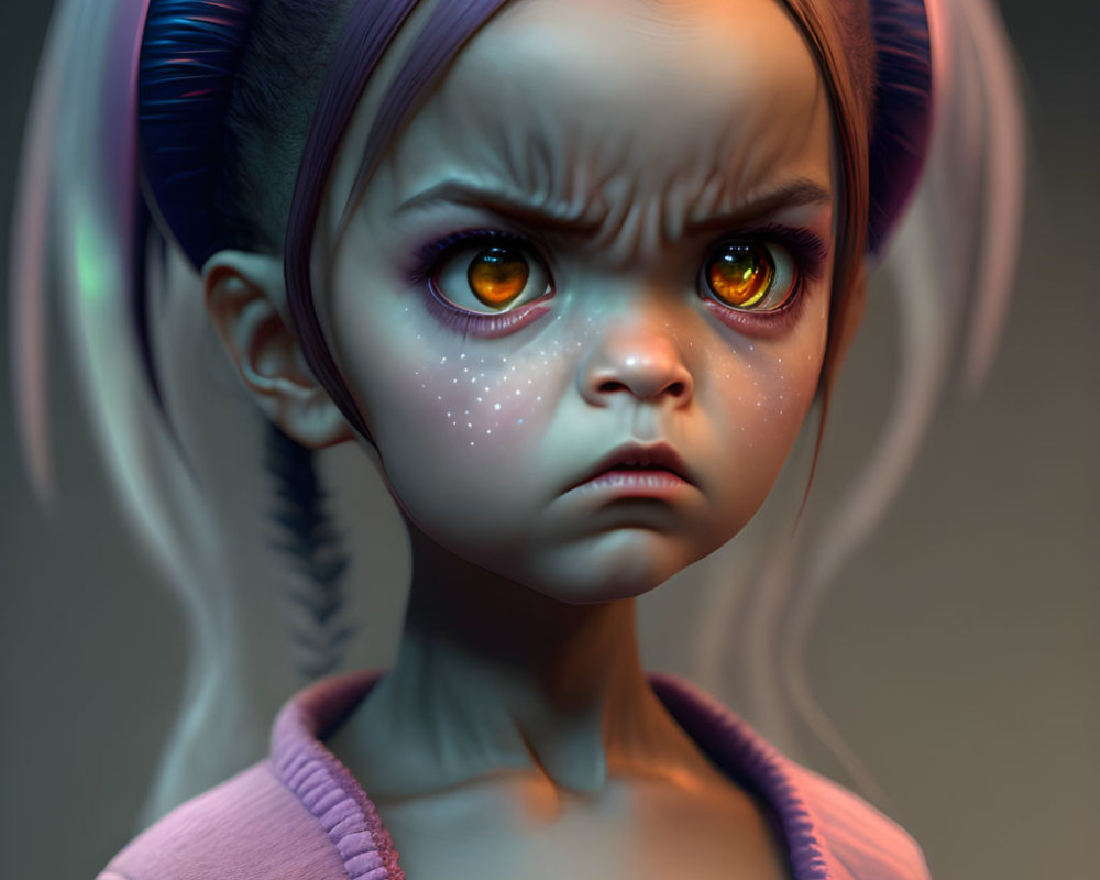 Exaggerated 3D illustration of young girl with orange eyes and purple hair