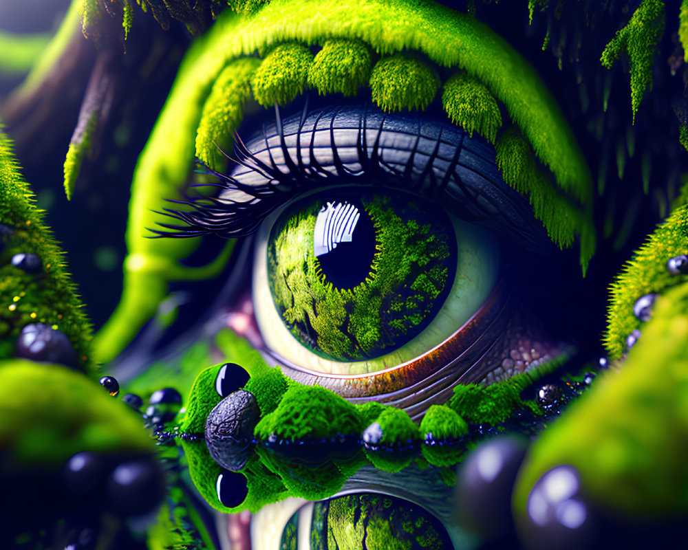 Close-up image of green eye with moss-like textures and lush vegetation reflection