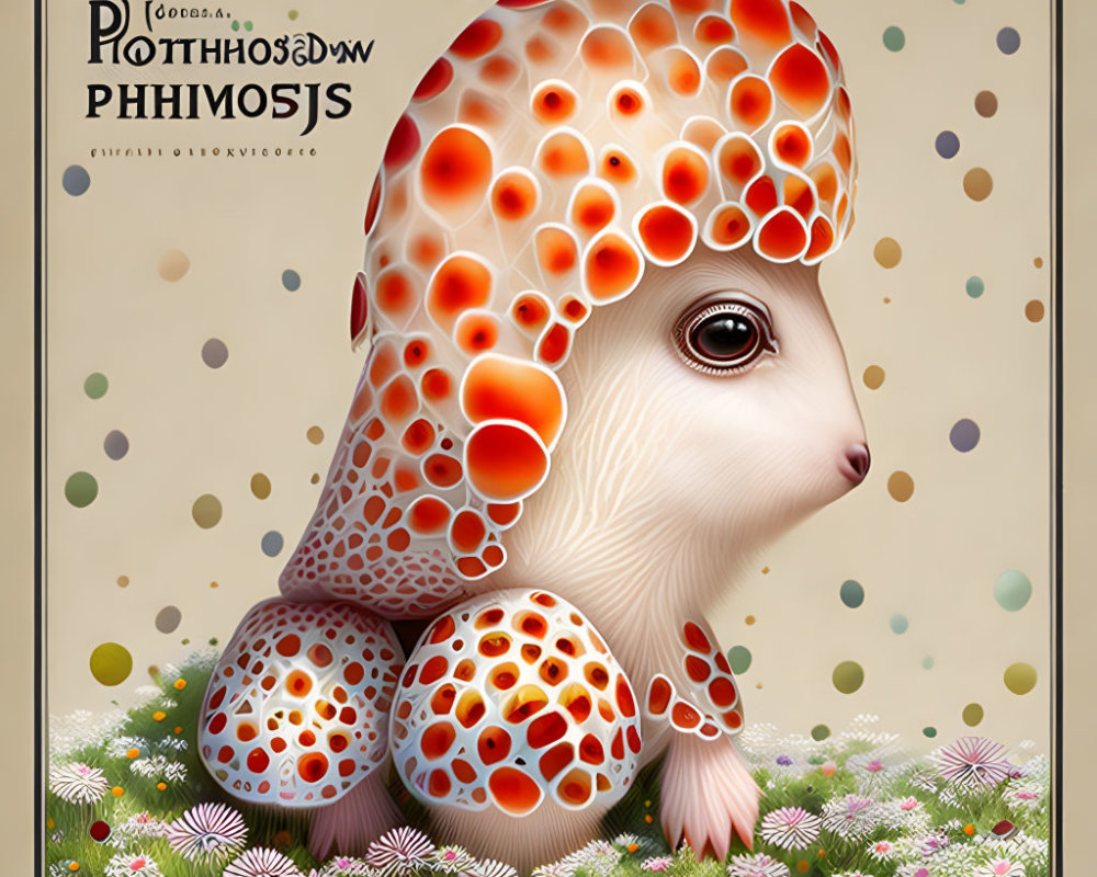 Illustration of whimsical creature with mushroom cap body in ornate patterns, blending fungus and animal features